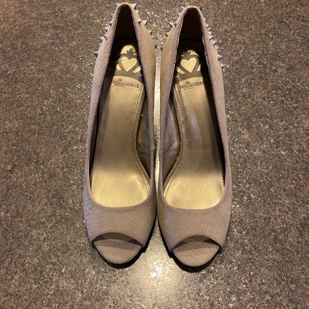Fergalicious Taupe Peep-Toe Stud Spike Heels